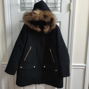 J. Crew Black Puffer Jacket with Faux Fur Trim